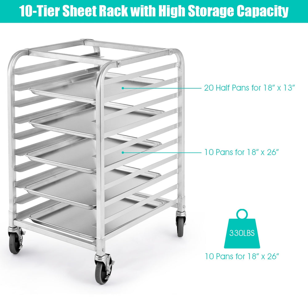 10-tier aluminum rolling bakery pan rack with 10 full-size sheet pan capacity, featuring sturdy design and wheels for.