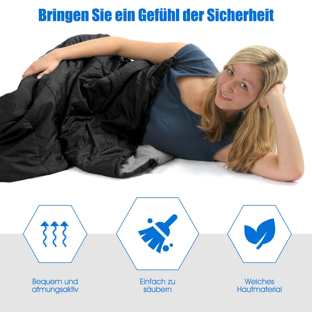 Zwei-Personen-Wasserdichter Schlafsack in Schwarz, ideal für Camping, mit zwei Kissen und wasserabweisendem Material.