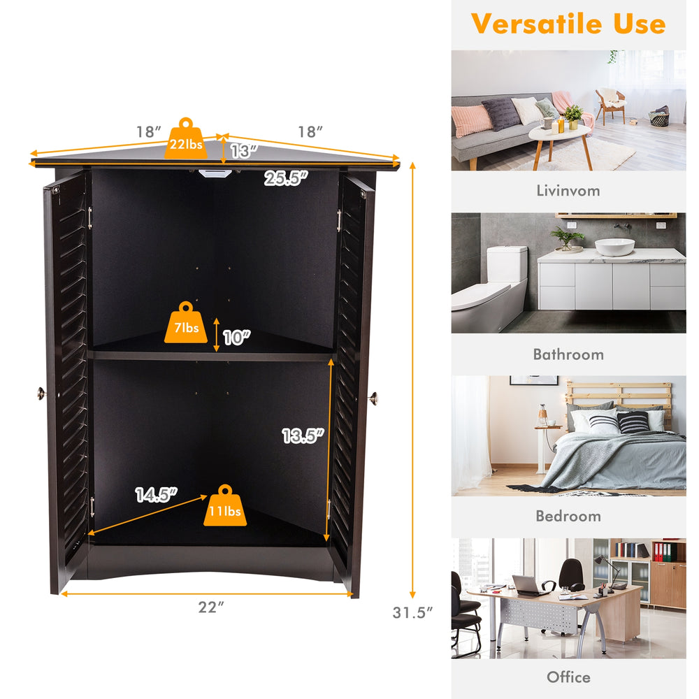 Brown bathroom corner storage cabinet with shutter door, adjustable shelf, and anti-tipping design for versatile use.