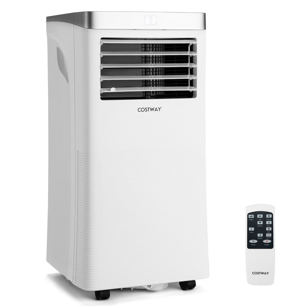 Portable 10000 BTU air conditioner in white with remote control, ideal for bedrooms and small spaces, featuring quiet.