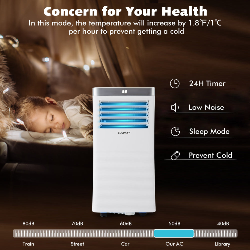 Portable 10000 BTU air conditioner in white with remote control, ideal for bedrooms and small spaces, featuring sleep.