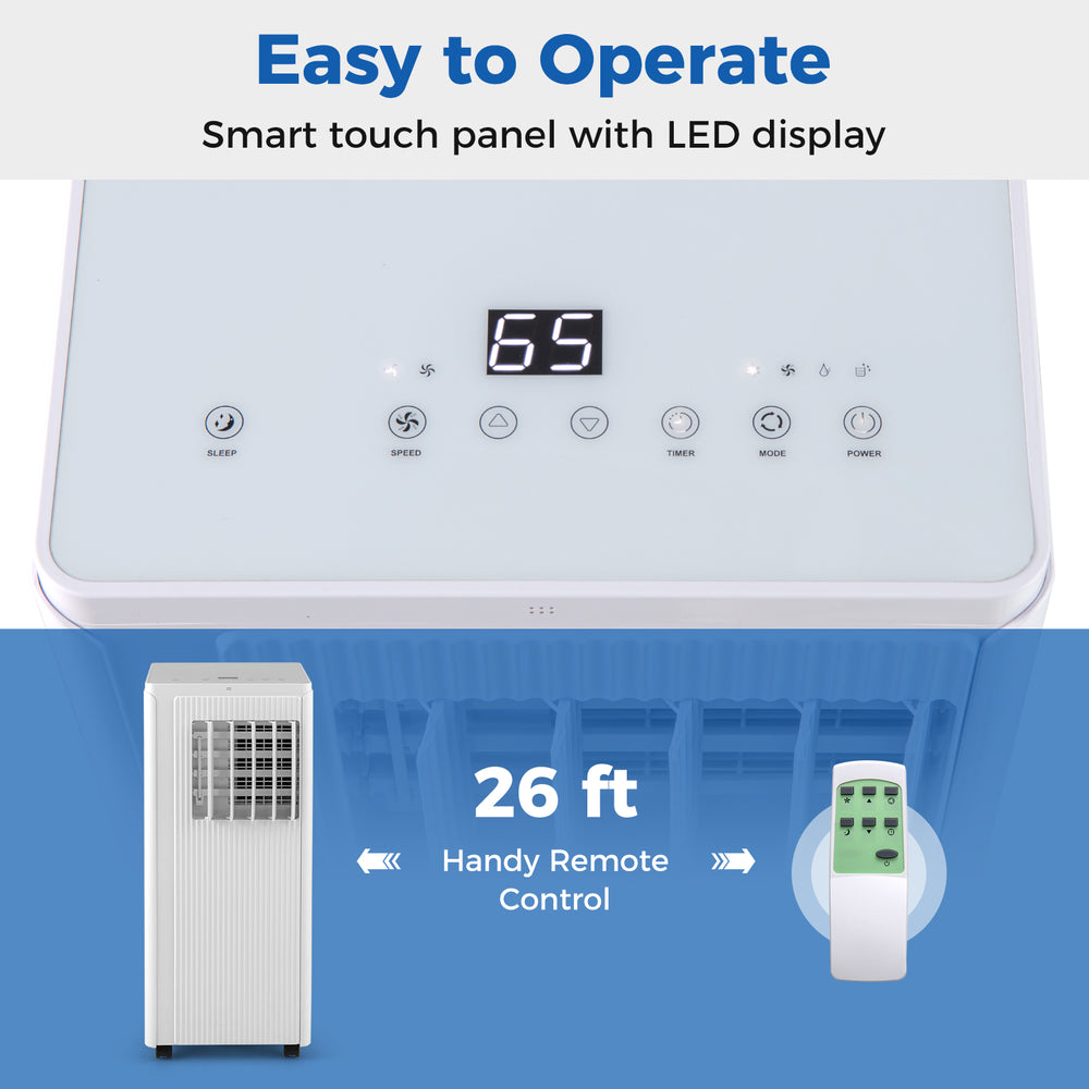 Portable air conditioner with smart touch panel, remote control, and 10000 BTU cooling for spaces up to 350 sq ft.