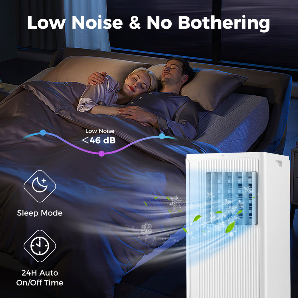 Portable 10000 BTU air conditioner with low noise, 24H timer, and remote control for spaces up to 350 sq ft.