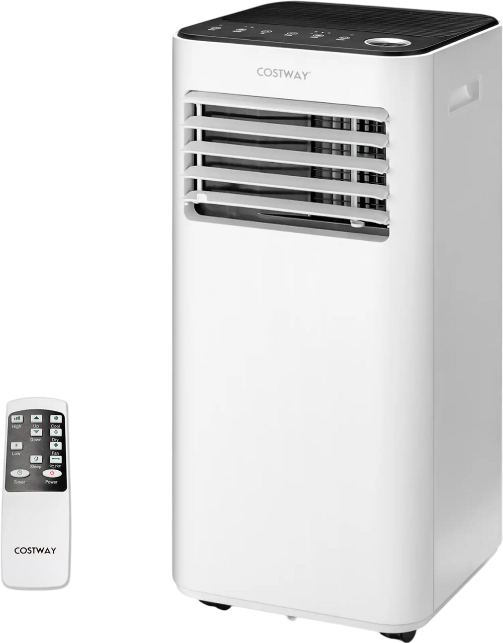 10000 BTU portable air conditioner with remote, featuring cooling, dehumidifying, and fan modes for versatile comfort.