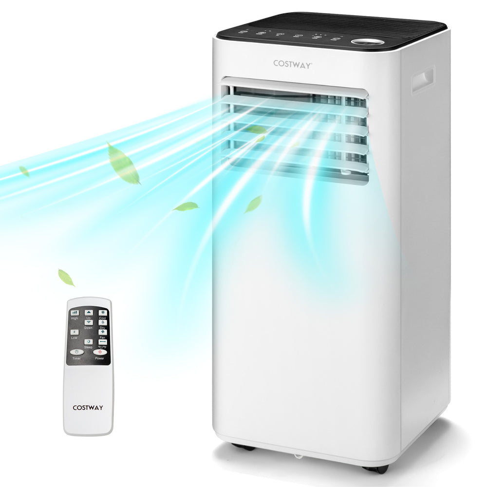 Portable 10000 BTU air conditioner with fan and dehumidifier, featuring remote control and adjustable airflow for.