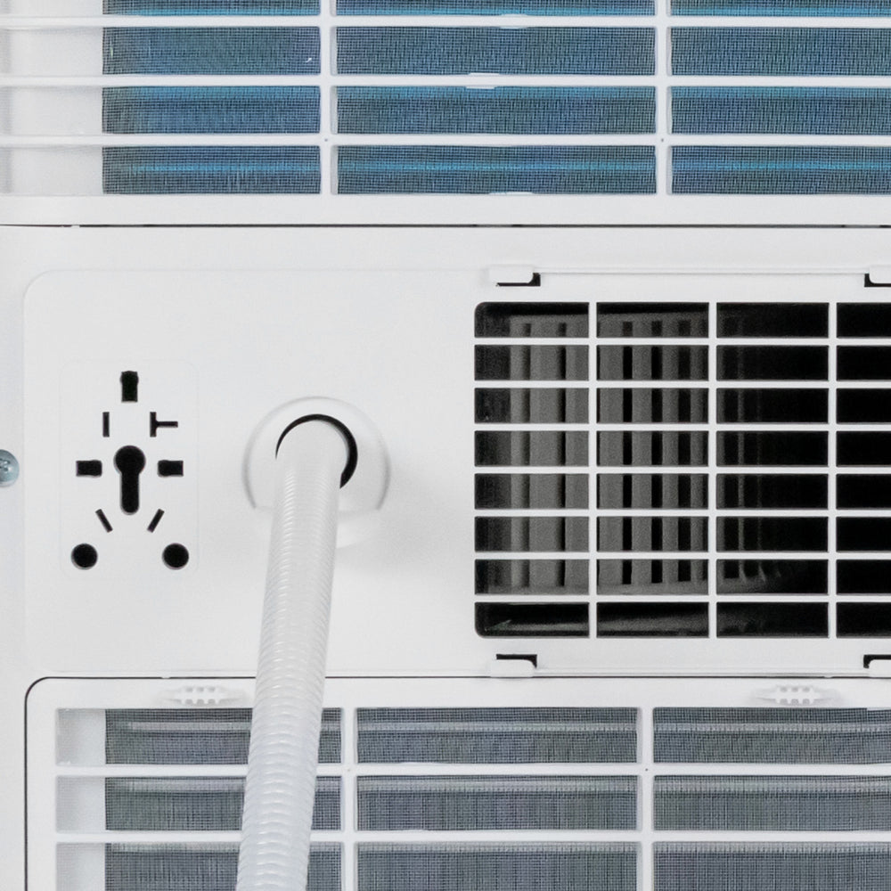 Close-up of the 10000 BTU portable air conditioner's control panel and hose connection, featuring a sleek white design.