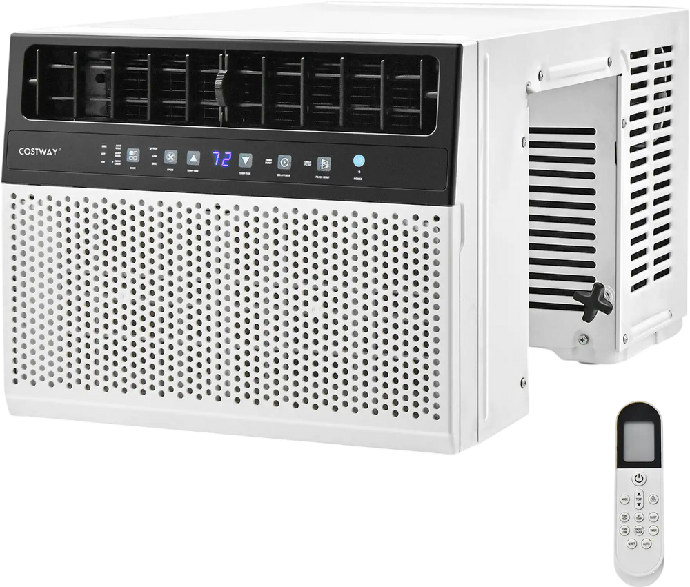 Window air conditioner with remote control and LED panel, 10000 BTU, ideal for cooling rooms up to 250 sq ft.