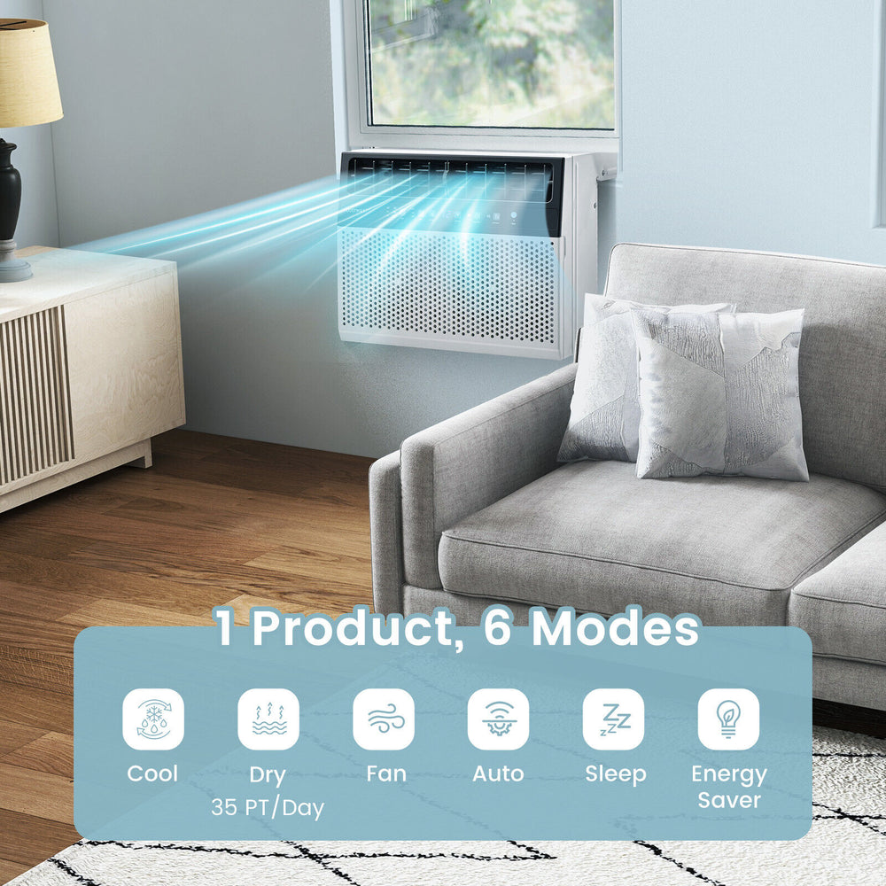 Window air conditioner with remote and LED control panel, featuring 6 modes and 10000 BTU for efficient cooling.
