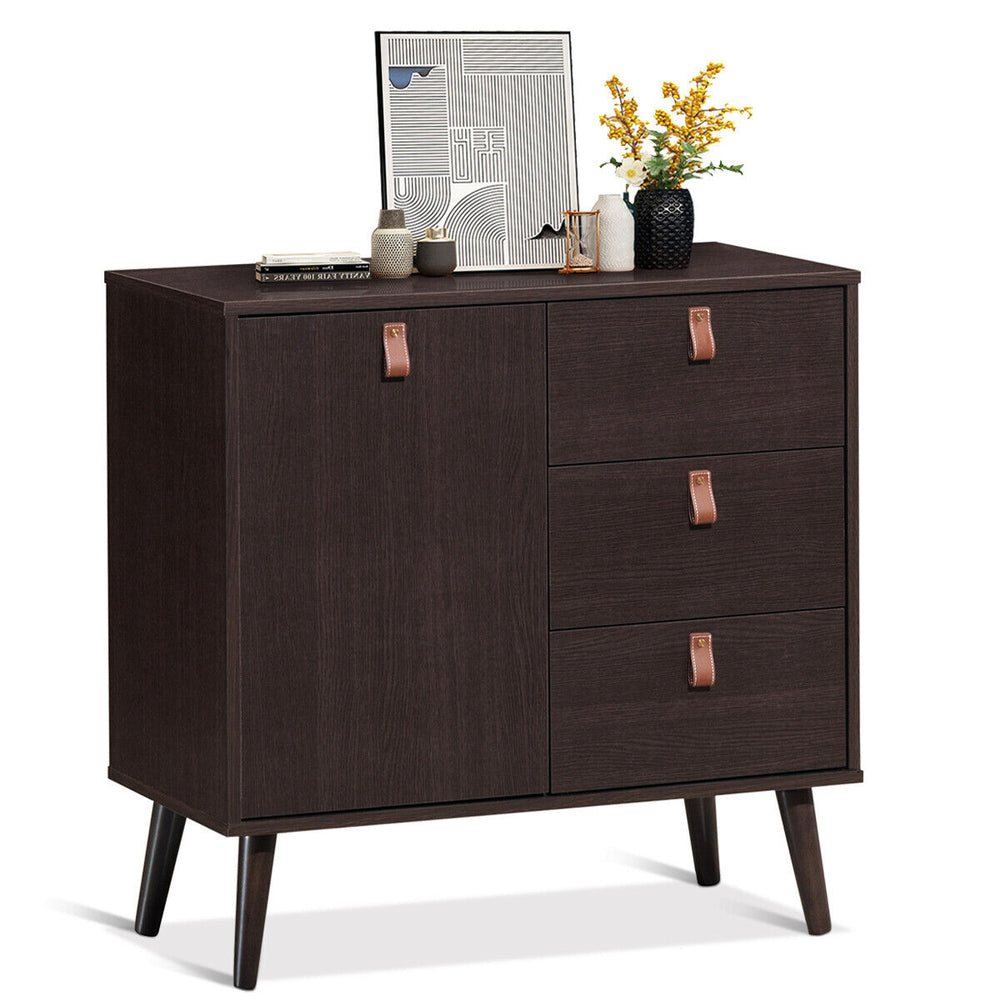 3-drawer sideboard storage cabinet in brown with leather handles, featuring a large cabinet and adjustable shelf for.