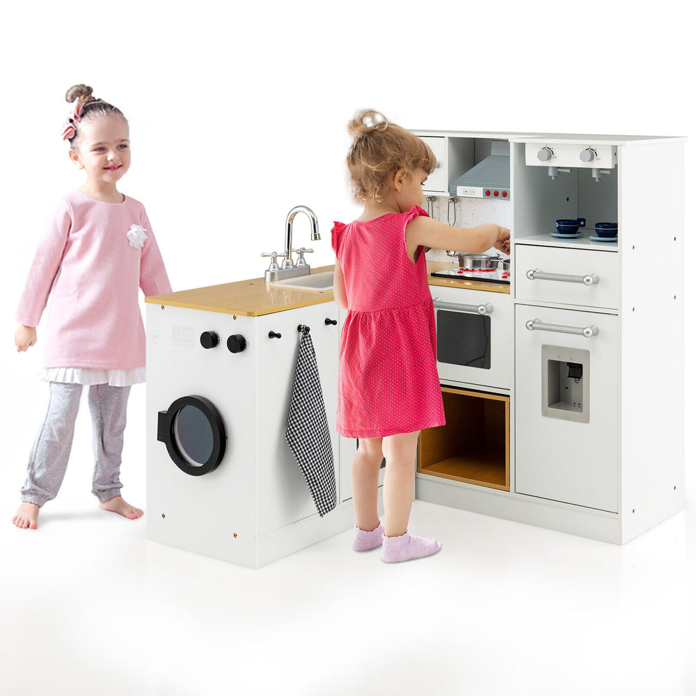 Wooden kids kitchen playset with light and sound, featuring stove, sink, and storage, perfect for imaginative play.