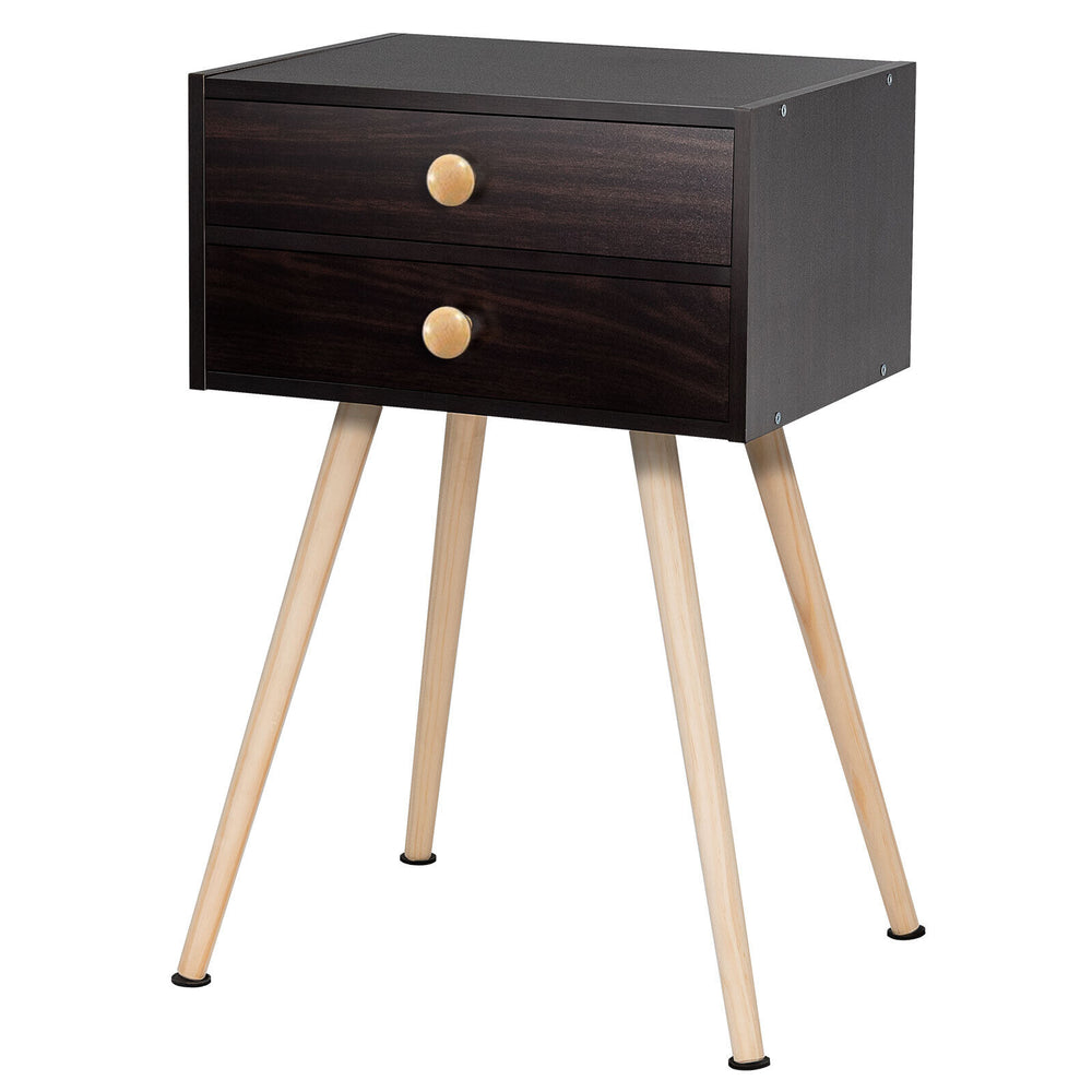 Mid Century Modern nightstand with two drawers in natural-coffee, featuring solid wood legs for stability and easy.