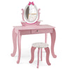 Pink kid vanity table set with oval rotatable mirror and stool, featuring durable MDF and spacious storage for young.