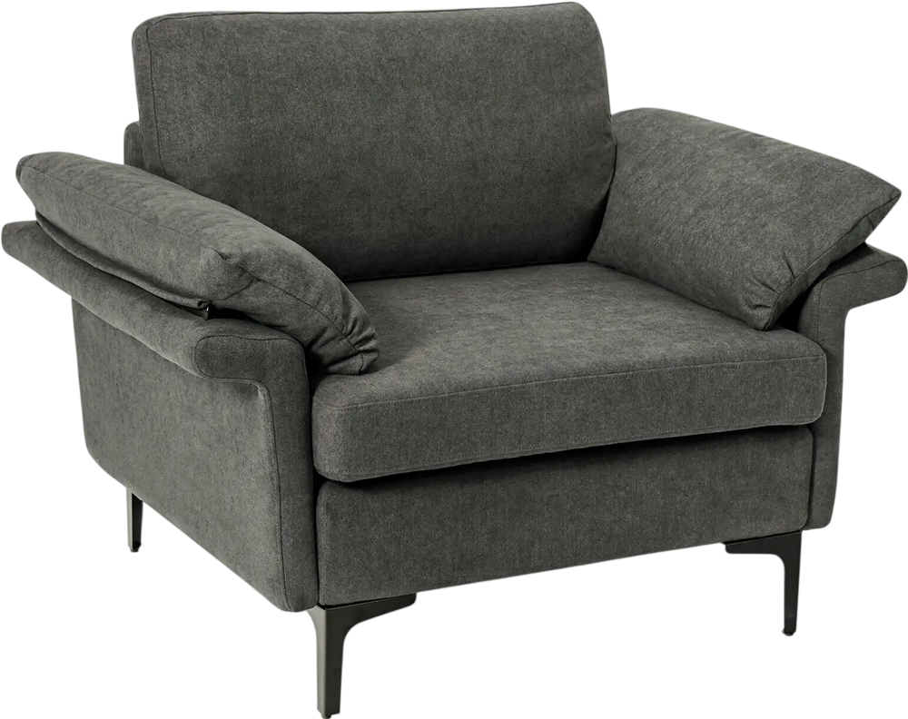 Gray modern fabric accent armchair with armrest cushions and ergonomic support, perfect for stylish and comfortable.