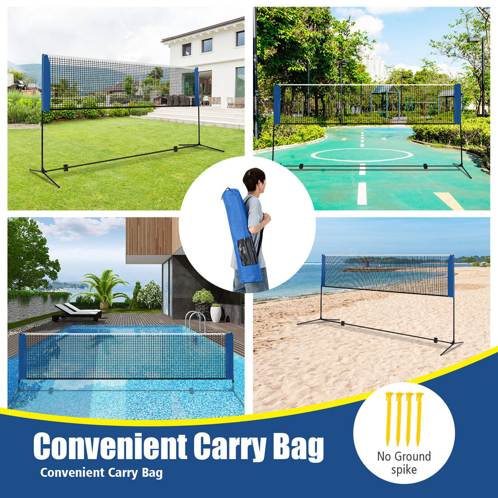Adjustable 10-foot badminton net stand with portable carry bag, suitable for yard, beach, or poolside sports activities.