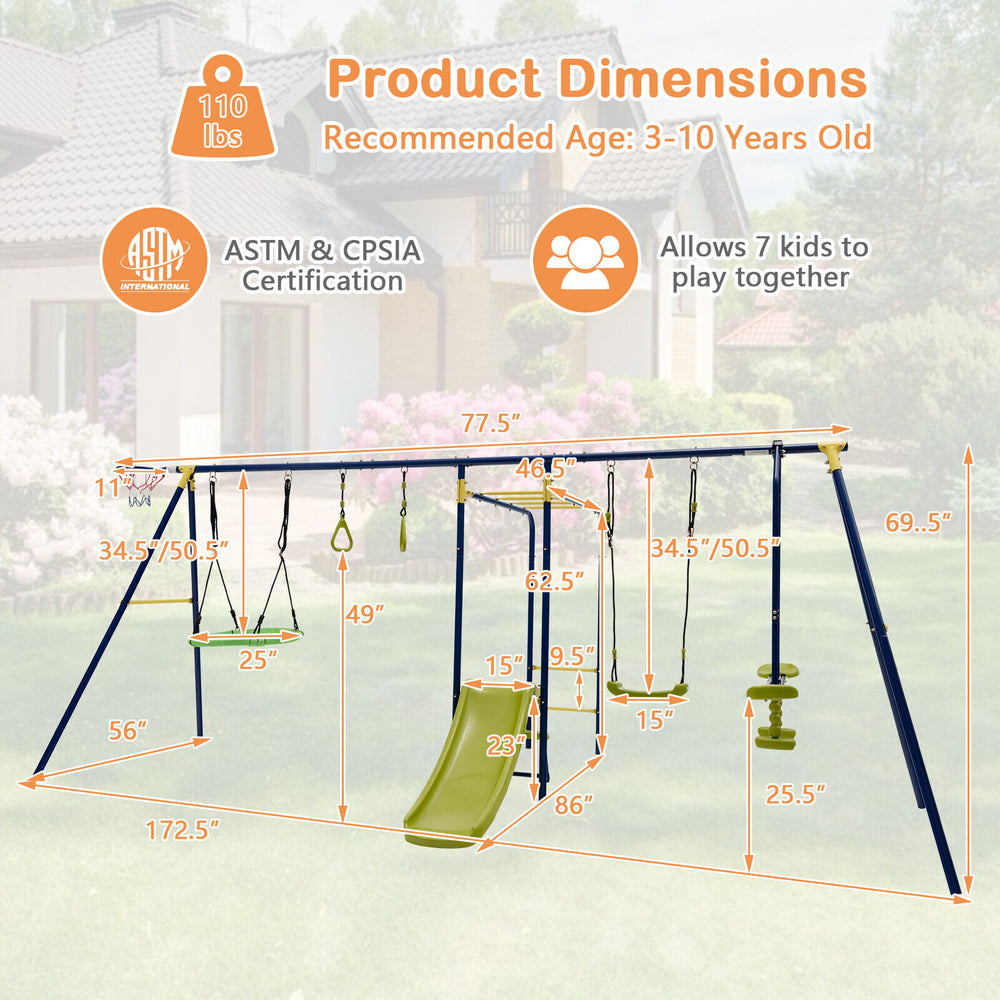 Product dimensions of the 7-in-1 A-shaped outdoor swing set, suitable for 7 kids aged 3-10 years for backyard fun.