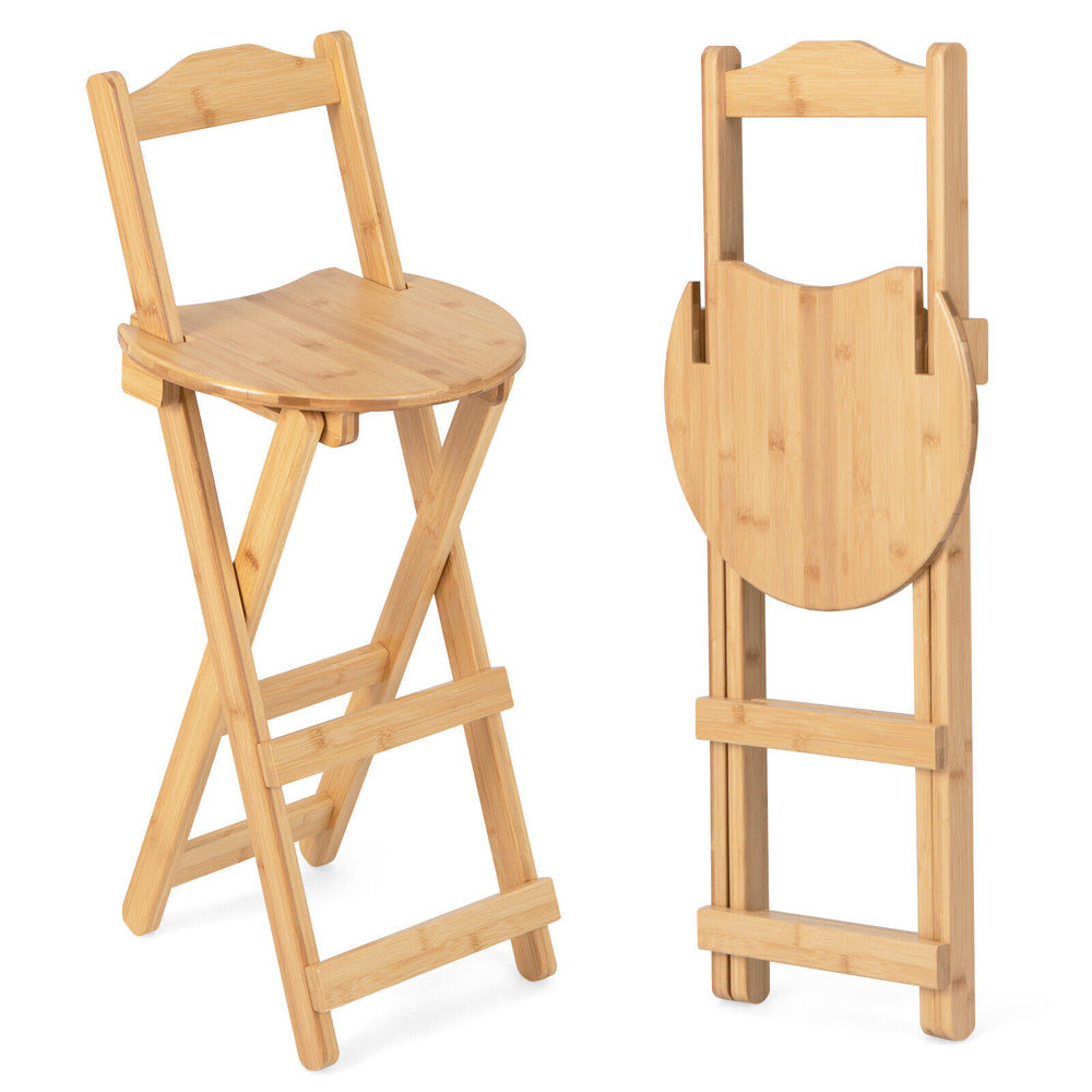 Bamboo folding barstools with ergonomic backrest and footrests, natural finish, ideal for home or cafe use.