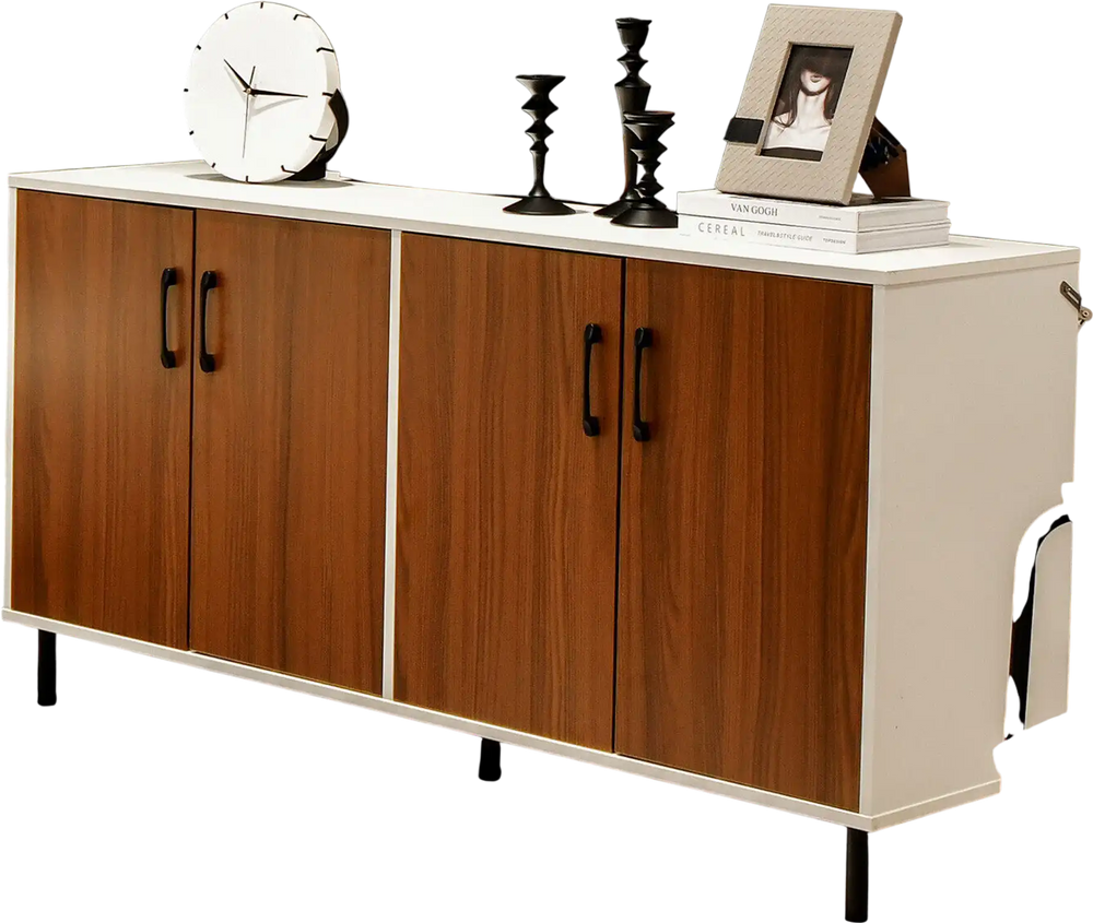 4-door kitchen buffet sideboard in white with wood finish, featuring spacious storage compartments for dining room.