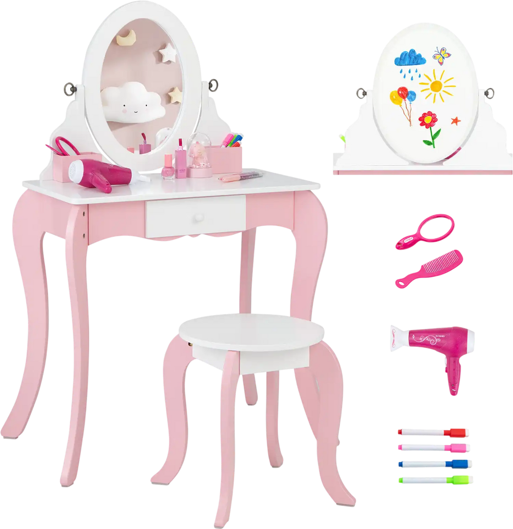 Pretend Kids Vanity Set with 360° Rotatable Mirror and Play Accessories