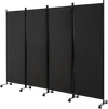 Four-panel folding room divider in black with lockable wheels, ideal for privacy in home or office settings.