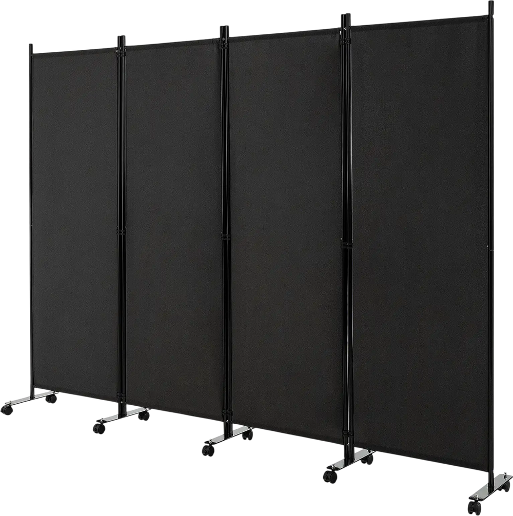 Four-panel folding room divider in black with lockable wheels, ideal for privacy in home or office settings.