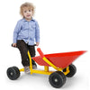 Kids ride-on sand dumper with red scoop and sturdy steel frame, perfect for outdoor play and all-season fun.