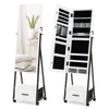 Jewelry cabinet with full-length mirror, white MDF, large storage, lockable wheels, ideal for organizing accessories.