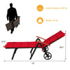 Folding patio rattan lounge chair with wheels in red, adjustable backrest, ideal for outdoor relaxation and easy.