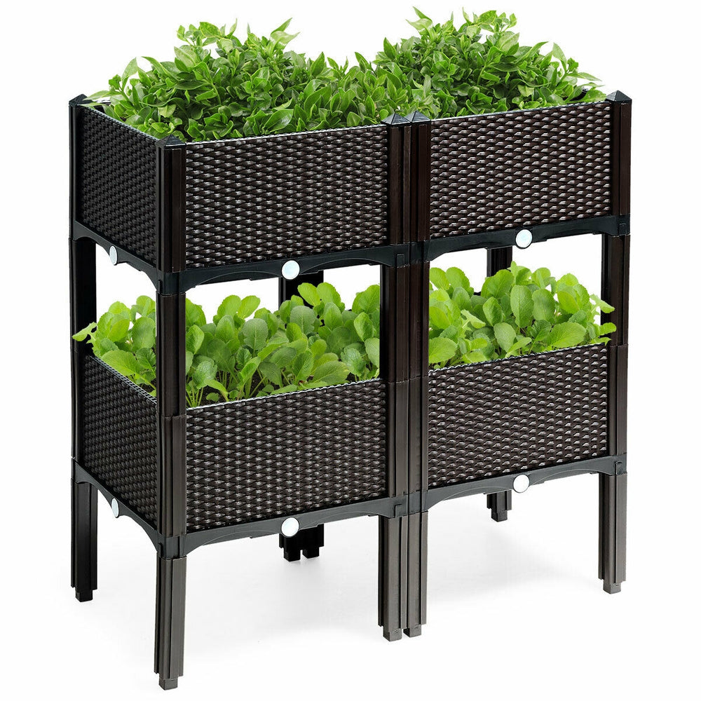 Elevated brown planter box set with four planting sections, ideal for growing herbs and vegetables in your garden or.