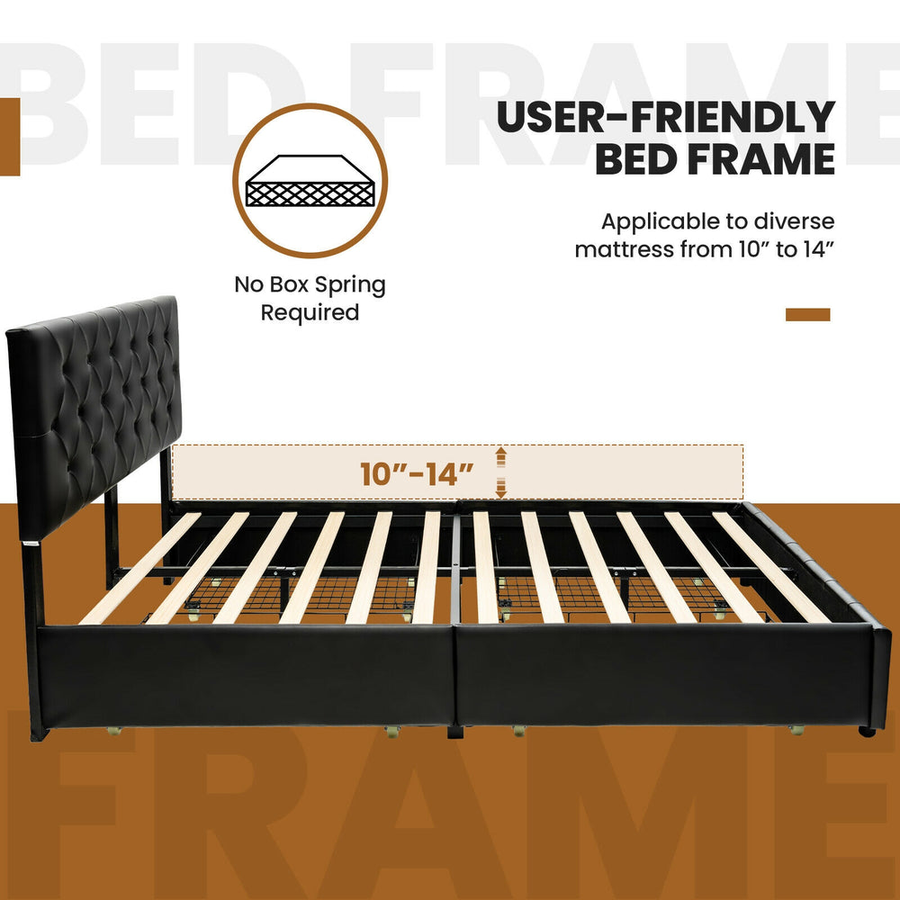 Full/Queen PU leather upholstered platform bed with 4 drawers, adjustable headboard, and no box spring required.