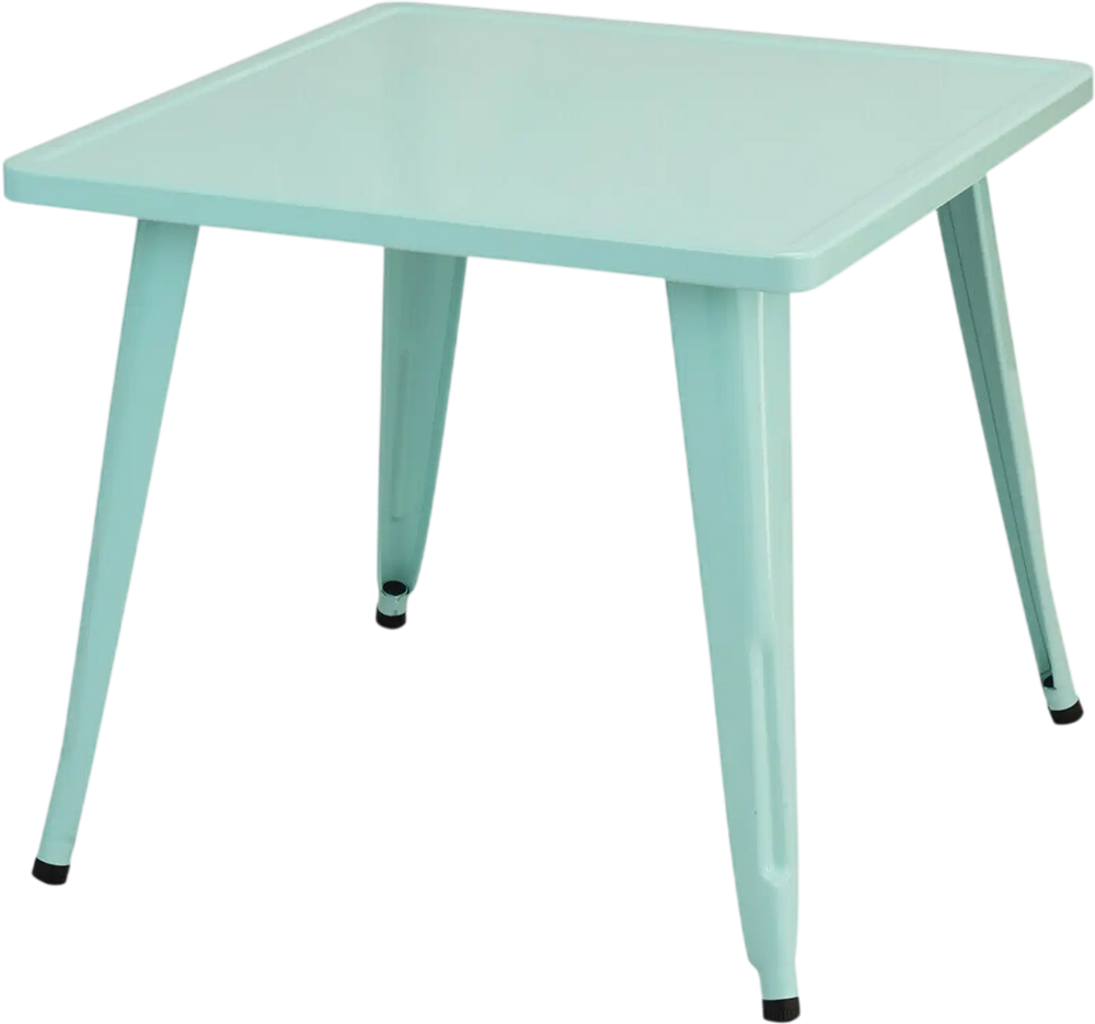 Kids square steel table in blue, 27 inches, sturdy with adjustable feet, perfect for playroom or nursery activities.