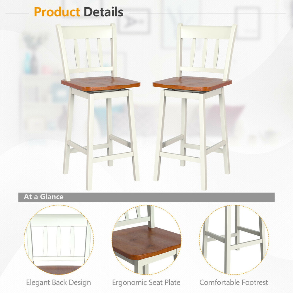 Set of 2 vintage 24.5-inch swivel bar stools with ergonomic seat and comfortable footrest for kitchen or dining room.