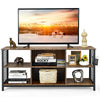 Mid-century wooden TV stand in rustic brown with adjustable shelves and storage basket, perfect for TVs up to 65 inches.