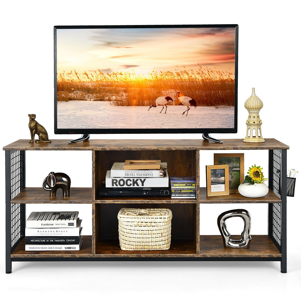 Mid-century wooden TV stand in rustic brown with adjustable shelves and storage basket, perfect for TVs up to 65 inches.
