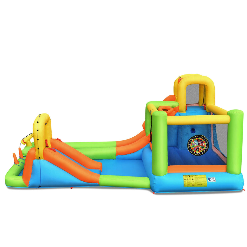 Inflatable 8-in-1 water slide bounce house with splash pool, climbing wall, and safety netting for outdoor fun.