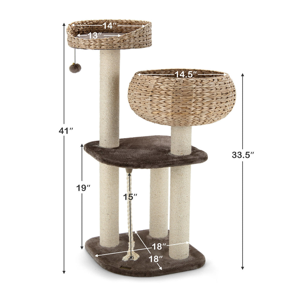41-inch rattan cat tree with two napping perches, sisal posts, and soft cushions for comfortable cat lounging.