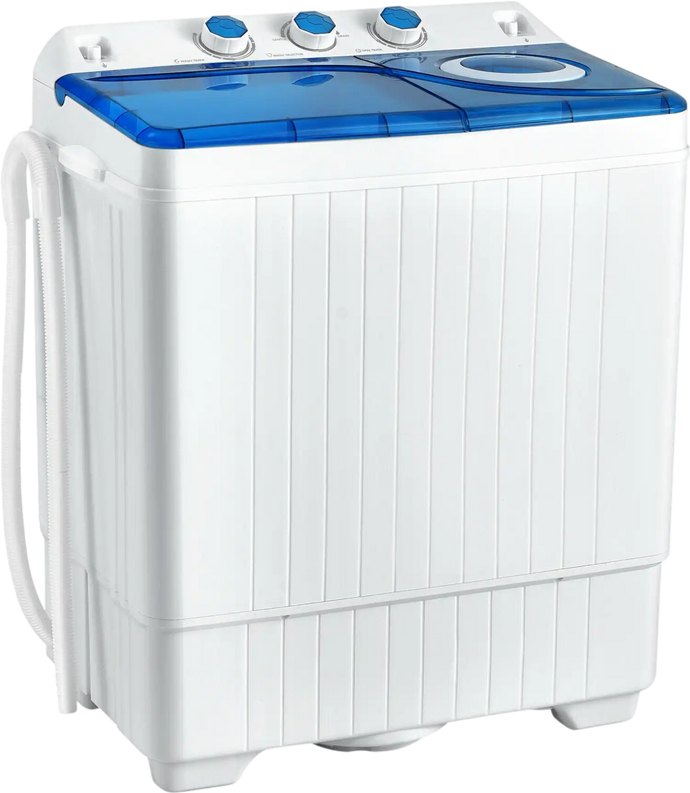 Portable semi-automatic twin tub washing machine in blue, featuring 18 lbs washing and 8 lbs spinning capacity for.