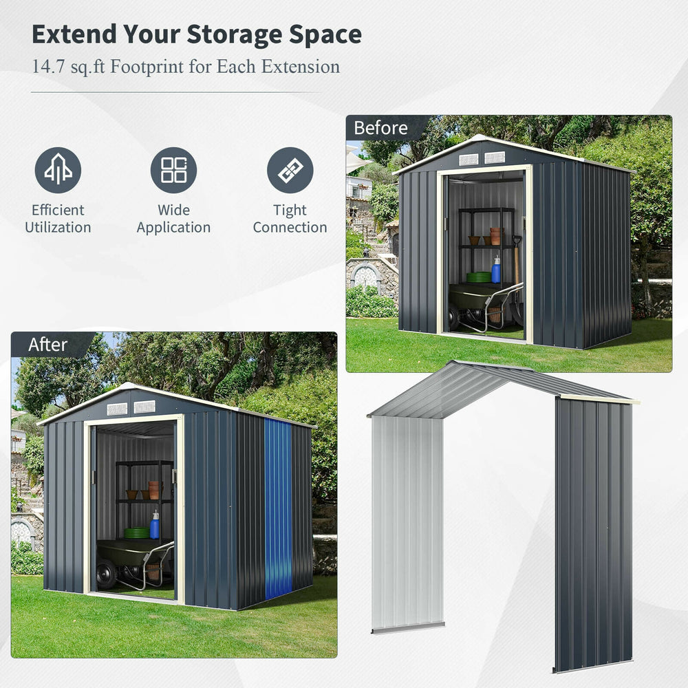 Outdoor storage shed extension kit for 7 ft width, made of premium color coated steel, adds 14.7 ft² of storage space.