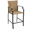 Patio rattan bar stool with ergonomic backrest and armrests, featuring a reinforced steel frame for outdoor use.