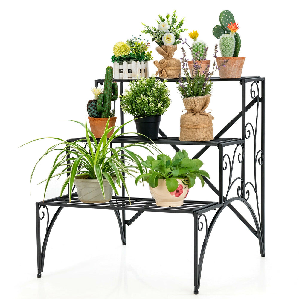 3-tier black metal plant stand with widened grid shelves, perfect for displaying plants indoors or outdoors.
