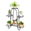6-tier black plant stand with adjustable foot pads, showcasing various potted plants for stylish indoor or outdoor.