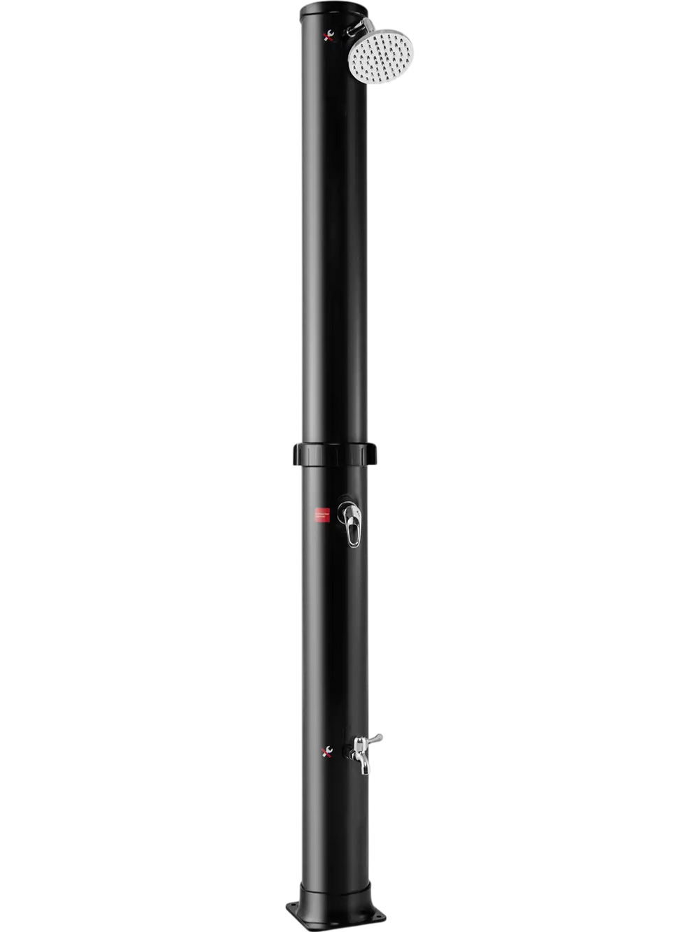 7.2 feet black solar-heated outdoor shower with a free-rotating shower head and foot tap for convenient washing.