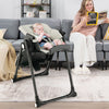 4-in-1 baby high chair in gray with adjustable height, removable trays, and rolling wheels for easy movement and safety.