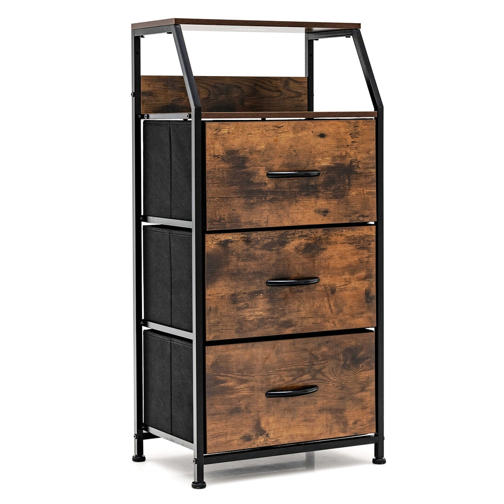Freestanding cabinet dresser with wooden top, featuring 3 large folding drawers and 2-layer shelf for versatile storage.