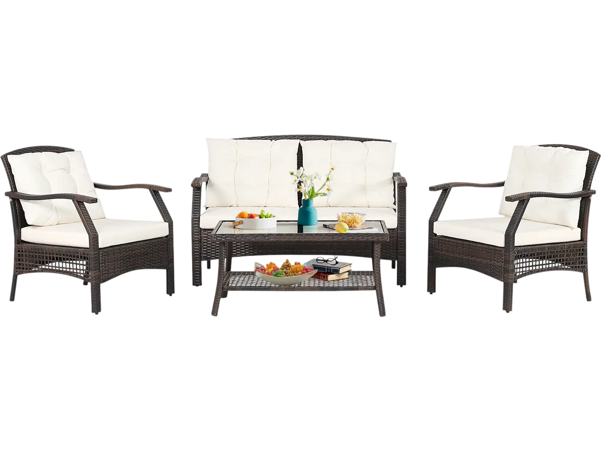 Costway 4-Pc Outdoor Rattan Patio Conversation Set w/ Protective Cover 89307412 New