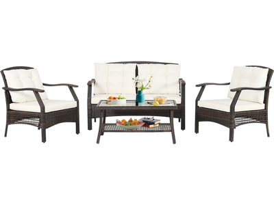 Costway 4-Pc Outdoor Rattan Patio Conversation Set w/ Protective Cover 89307412 New