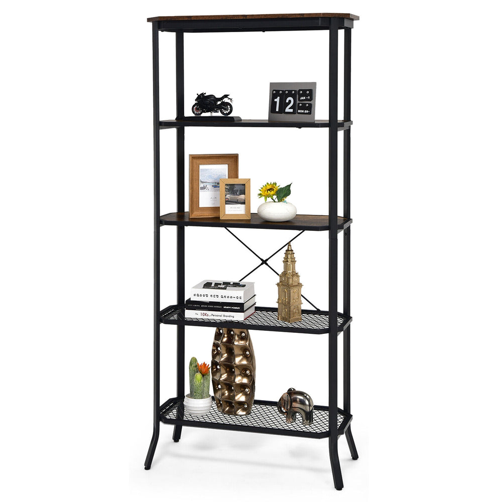 Industrial 5-layer bookshelf in rustic brown with out-stretched legs, perfect for living room or study organization.