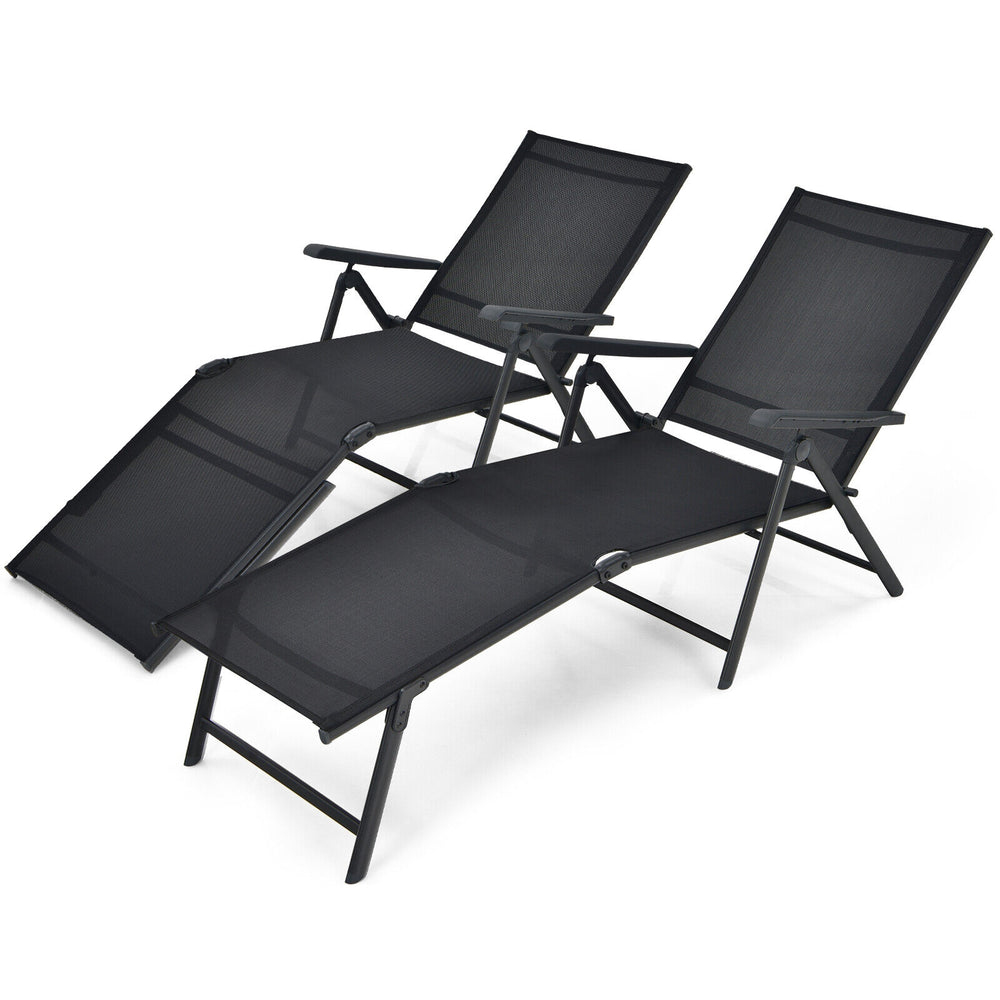 Two black foldable chaise lounge chairs with adjustable backrest and footrest, perfect for outdoor relaxation.