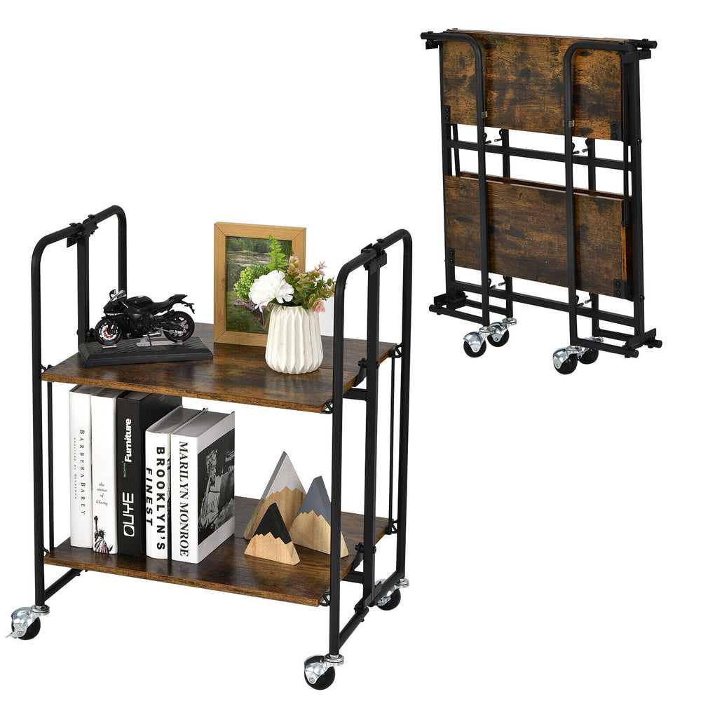 Folding rolling cart with metal frame, 2-tier design, rustic wood finish, ideal for kitchen or living room organization.