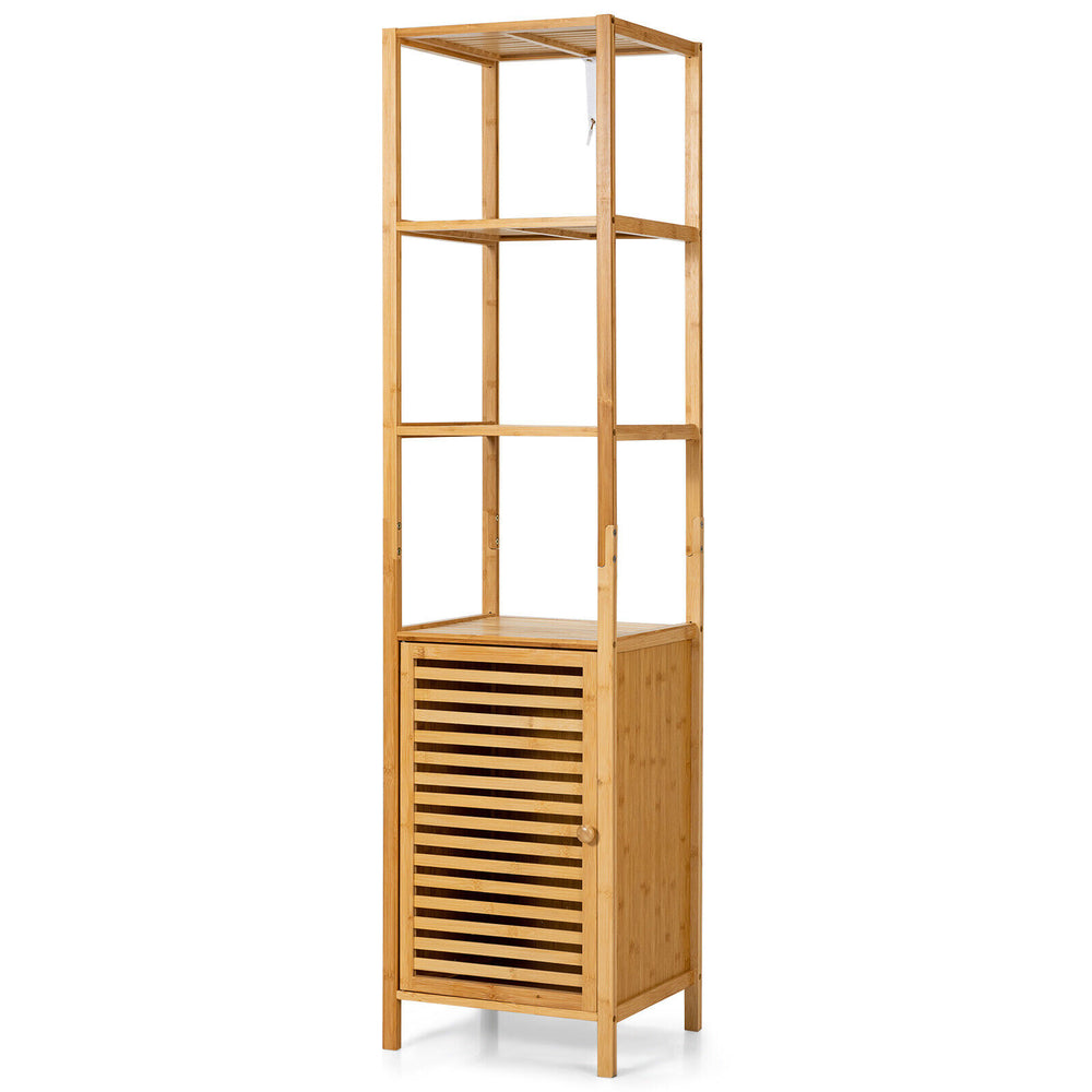 Slim bamboo floor storage cabinet with four shelves and shutter door, ideal for compact bathroom organization.