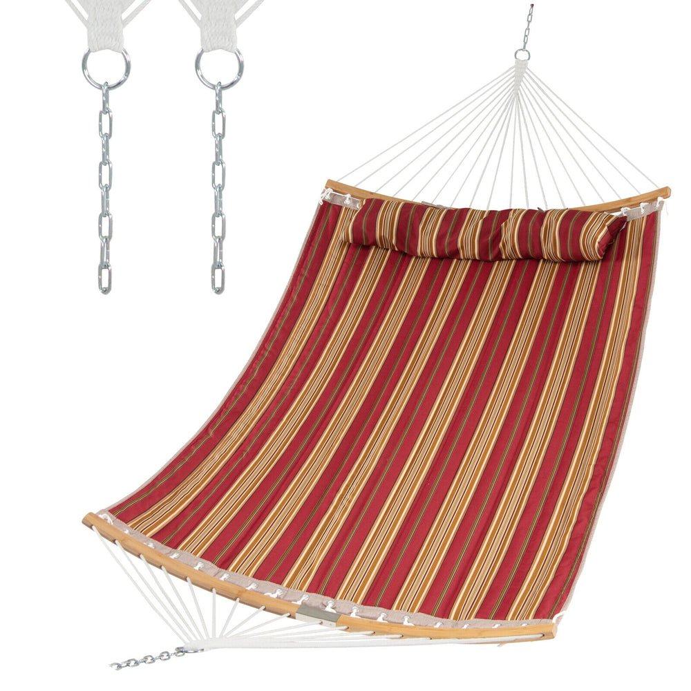 Red outdoor hammock with detachable pillow, made of breathable polyester, perfect for backyard relaxation or beach use.